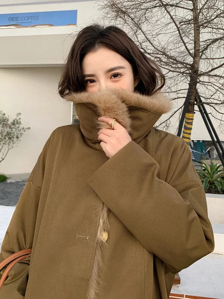 2022 New Female Winter Coat Women’s Parkas Real Fox Fur Collar Rex Rabbit Fur Linner Windbreaker Ladies Overcoat Womens Clothing