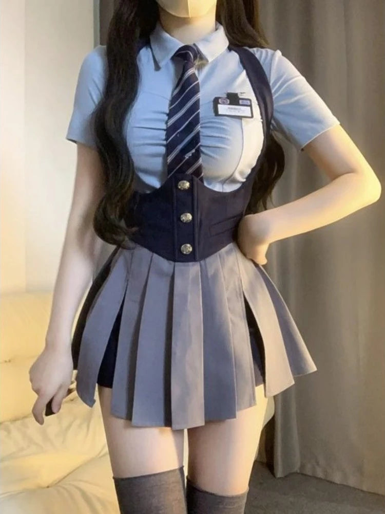 Ensemble uniforme Style collège JK, chemise Slim avec cravate rayée, jupe plissée taille haute, ligne A, costume à la mode pour filles Y2K, automne 2023