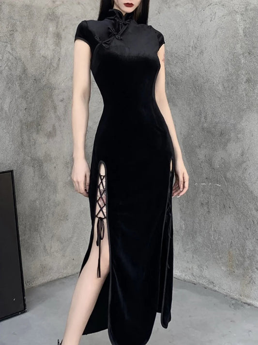 Goth Dark Romantic Gothic Velvet Aesthetic Dresses Vintage Women Black Bandage SlitHem Bodycon Dress Sexy Evening Wear Cheongsam