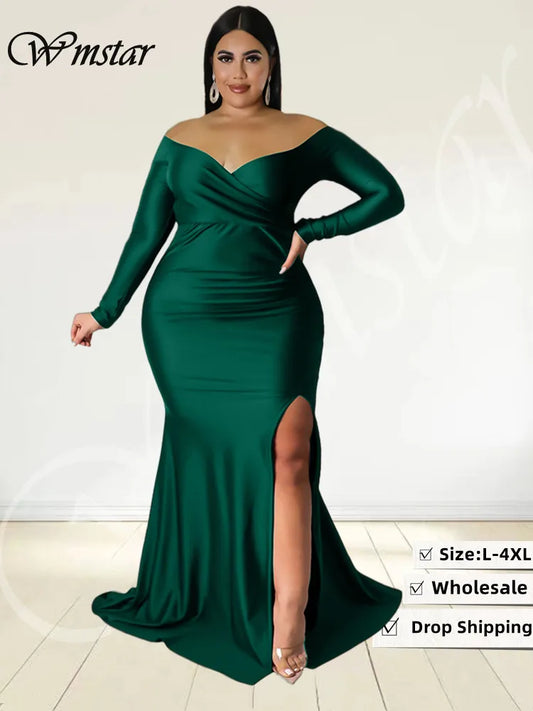 Wmstar grande taille robes de soirée pour les femmes épaules dénudées col en V ourlet coulissant tenue d'anniversaire élégante robe Maxi vente en gros livraison directe