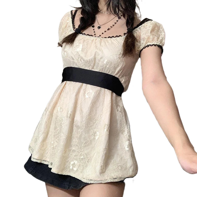 Xingqing – robe trapèze en dentelle féerique Grunge pour femmes, tenue d'été en Patchwork, manches bouffantes, Kawaii, tenues esthétiques des années 2023, 2000