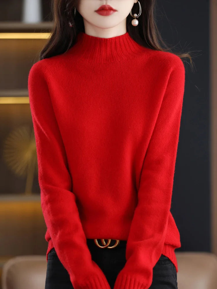 Women’s Autumn Winter Pullover Cashmere Sweater 100% Merino Wool Mock-neck Pure Colors Knitwear Female Clothing Basic Top