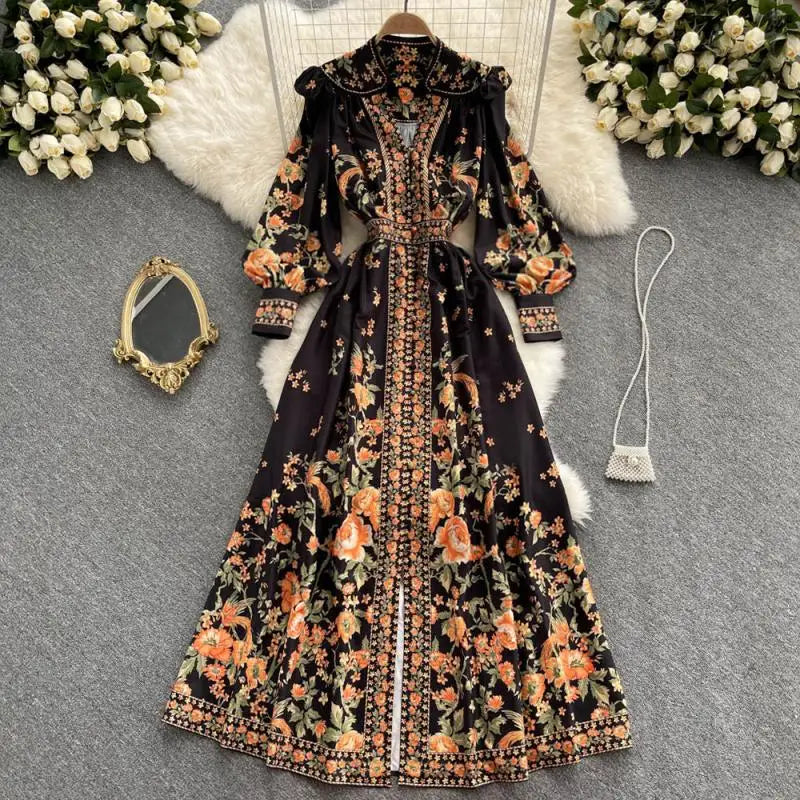 2022 New Dress Autumn Vintage Chiffon Single Breasted Lady Full Dress A Line V Neck Puff Sleeve Mid-Calf Women Dresses Vestido