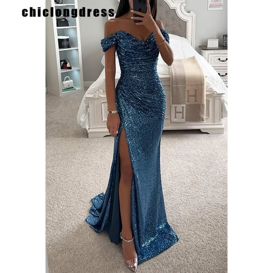 Autumn Sexy Off Shoulder Sequin Evening Dress Women Fashion Elegant Slash Neck Split Floor Sequin Party Dress Women