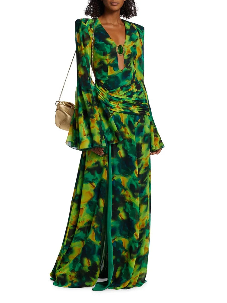 2024 New Women Green Floral Party Dress Long Seeve V Neck With Rhinstone Open Leg Maxi Long Holiday Going Out Beach Gowns