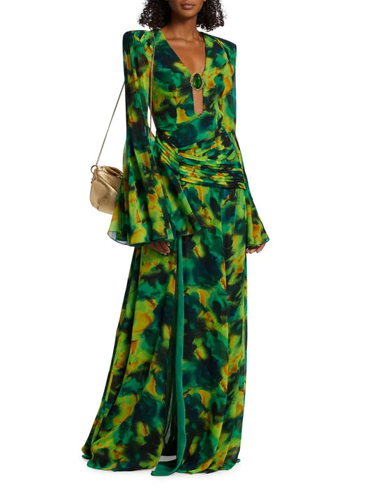 2024 New Women Green Floral Party Dress Long Seeve V Neck With Rhinstone Open Leg Maxi Long Holiday Going Out Beach Gowns