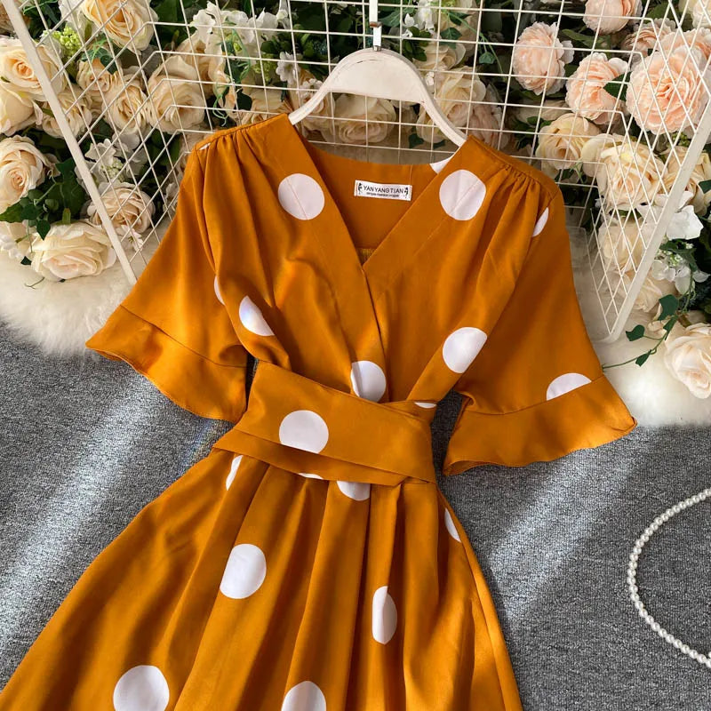 YuooMuoo Chic Fashion Polka Dot Print Women Dress 2023 New Summer Elegant Vintage Bandage Slim Waist Big Swing Long Party Dress