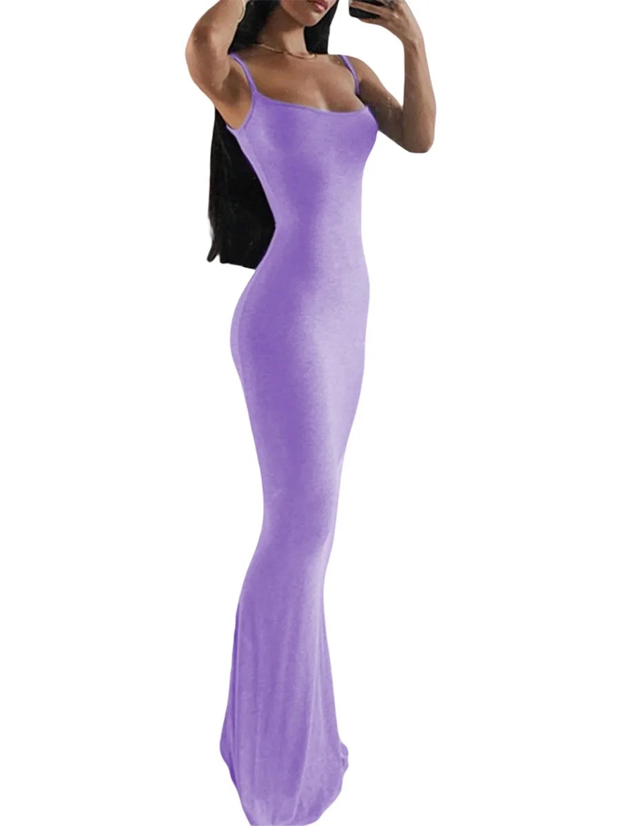 Robe d'été Sexy pour femmes, tenue de soirée, Slim, couleur unie, bretelles Spaghetti, coupe basse, ourlet en queue de poisson, longueur cheville