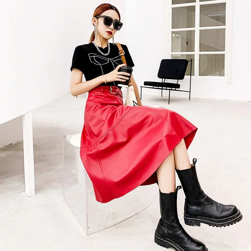 Tajiyane Genuine Leather Skirts for Women 2022 Korean Fashion High Waist Black Skirt Women Clothing A-line Leather Skirts Belt S