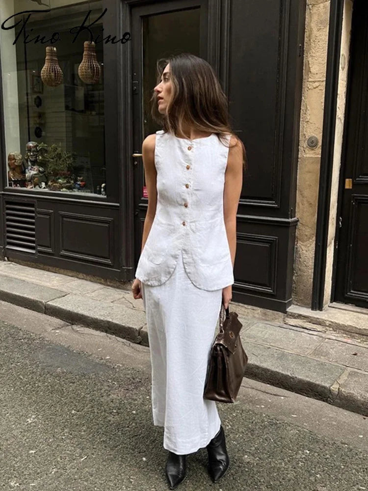 Elegant Waistcoat Skirts Sets Women White Single Breasted Top High Waist Midi Skirt Female Suit 2024 Sping Summer Lady Suits