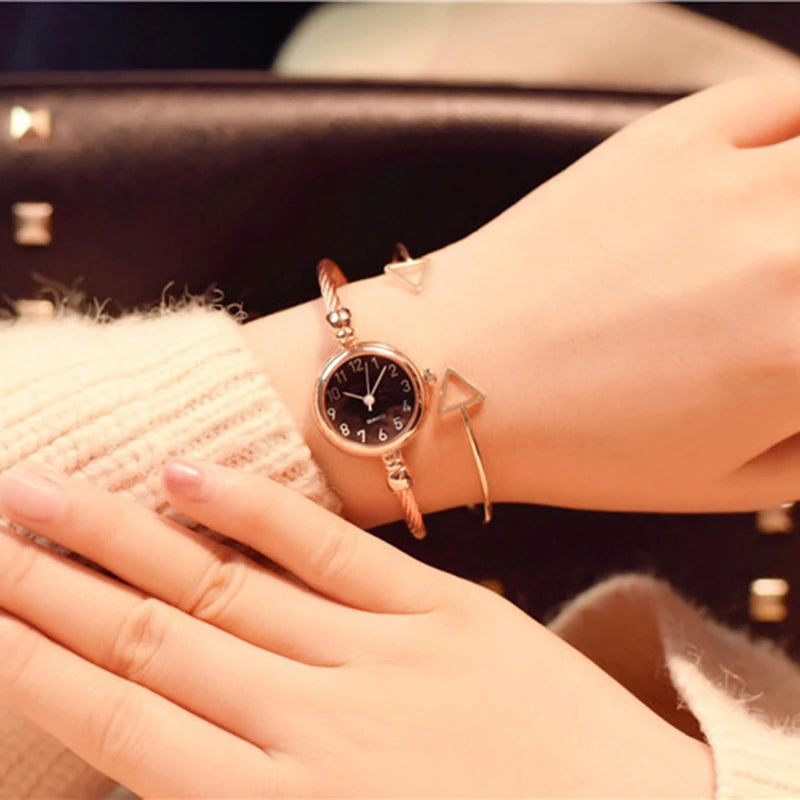 YIKAZE Small Gold Bangle Bracelet Luxury Watch Stainless Steel Retro Ladies Quartz Wristwatch Fashion Casual Thin Chain Watches