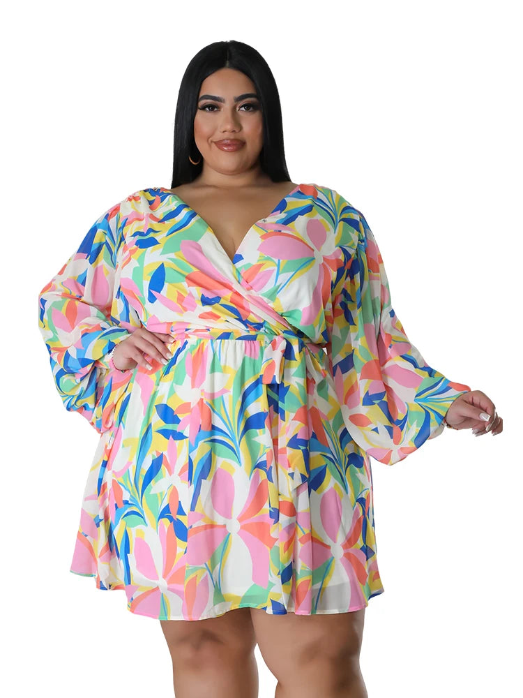 Women's Dress Long Sleeve Deep V Floral Print Sexy Dresses Plus Size Elegant  Spring Autumn Party Vestidos Chiffon Mini Dress