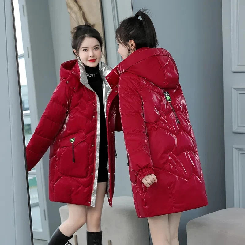 Winter Jacket Womens Bright Faceic Padded Coat 2023 New Fashion Loose Down Cotton Coat  Female Large Size Hooded Thicken Parkas