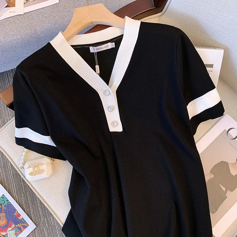 155Kg Plus Size Women's Bust 160 Summer Loose Ice Silk Knitted V-Neck Short Sleeve Dress Black 5XL 6XL 7XL 8XL 9XL 10XL