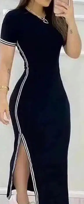 Vestidos de mujer 2023 moda de verano A rayas abertura larga Casual cuello redondo manga corta diario ajustado Maxi vestido de línea A ropa de mujer