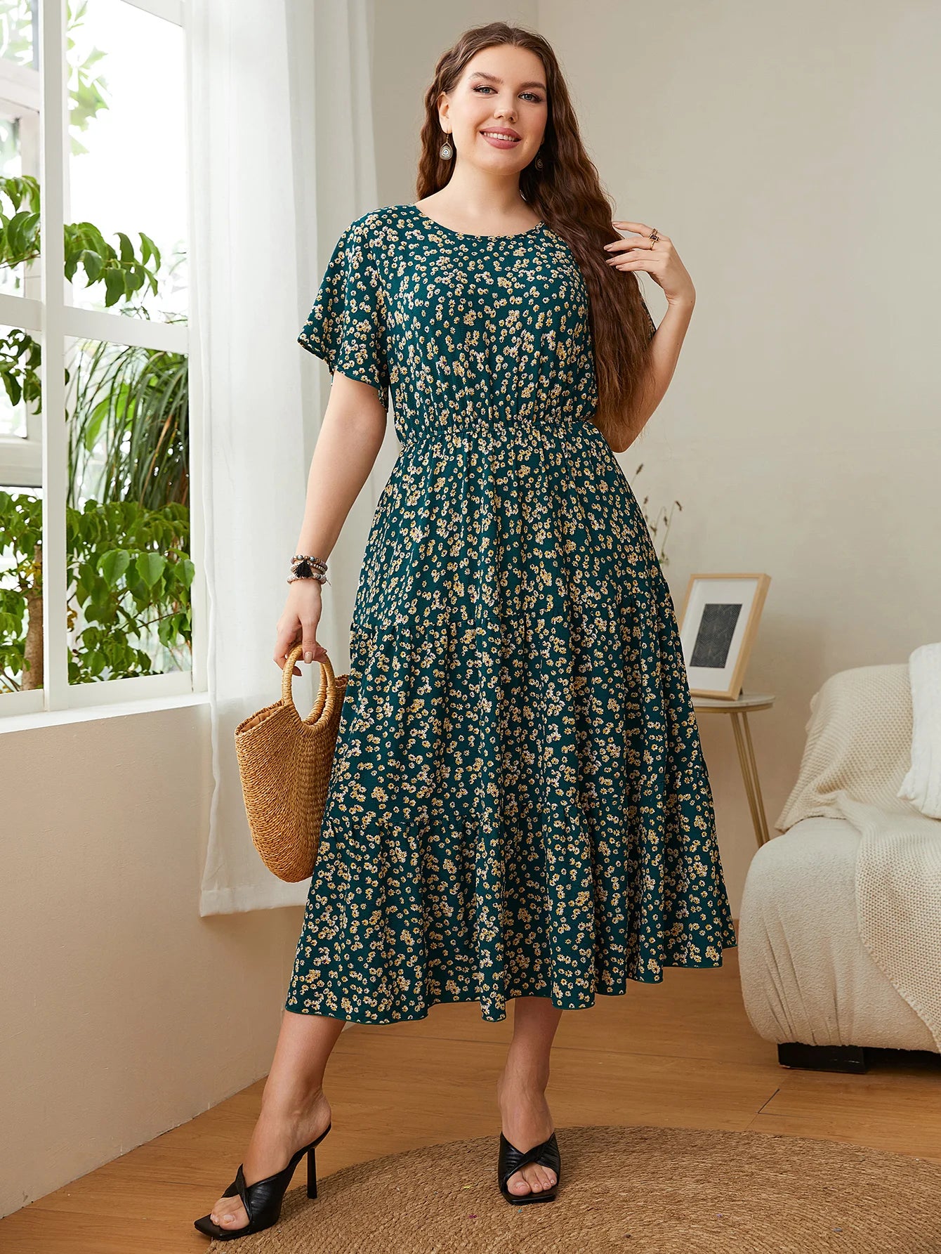 Fashion Big Size Women's Clothing Dress Summer O-Neck Floral Print Midi Dresses Urban Elegant Casual Ladies Plus Size Long Dress