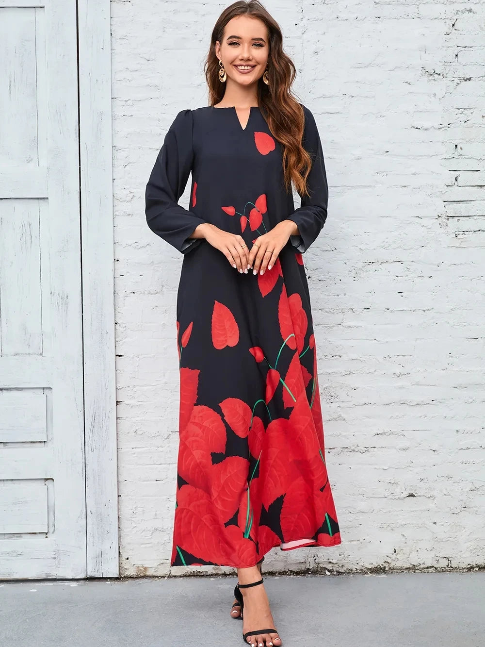 2023 nuevo vestido de talla grande para mujer Otoño Invierno vestidos largos con estampado Floral Casual cuello en V manga larga Boho vestido largo de fiesta en la playa