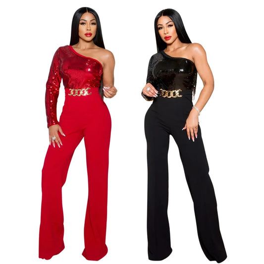 EINYOO Zevity 2024 Women‘s Sequins Jumpsuit Chains Belted Long Dresses Prom Party Occasion Outfits Clothing Vestidos Y2K Traf