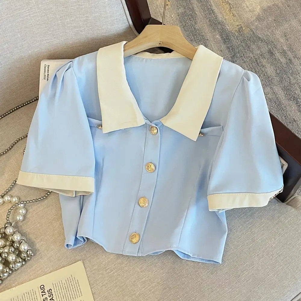 Costume bleu pour femmes, chemise fendue et jupe courte, décontracté, pour le travail au bureau, ensemble deux pièces, nouvelle collection été 2023