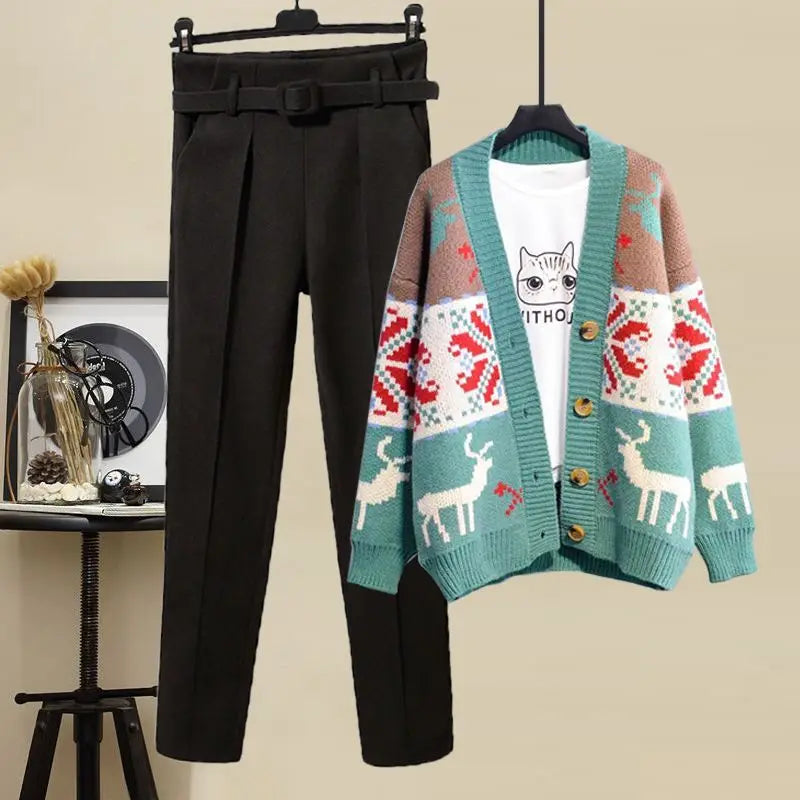 Women Warm Thicken Y2K Suit Christmas Cardigan Sweater+Woolen Pant Three Piece Set Outfit Female Winter Snowwear Cold Clothing