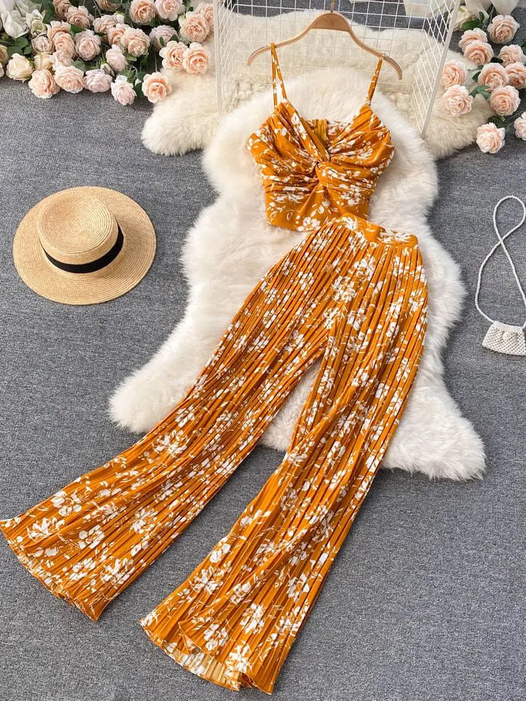 Women Summer Casual Pants Suit 2 Piece Set Female Floral Print Sleeveless Top & Wide Leg Pants Female Fashion Outfit