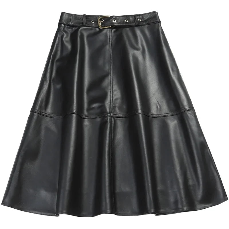 Tajiyane Genuine Leather Skirts for Women 2022 Korean Fashion High Waist Black Skirt Women Clothing A-line Leather Skirts Belt S