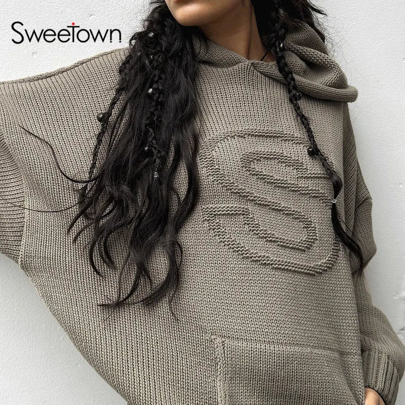 Sweetown S Shape Oversized Sweater England Street Fashion Womens Clothing Solid Casual Loose Autumn Winter Pullover Knitwears