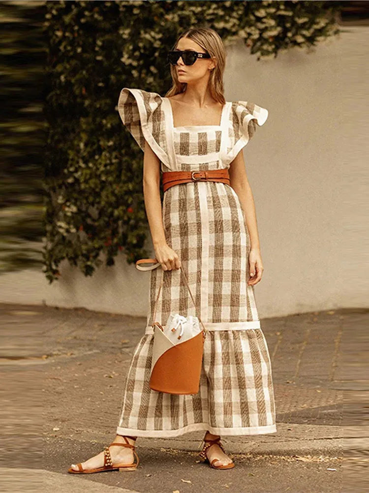 Vintage Square Collar Patchwork Maxi Dress Women 2024 High Waist Fly Sleeve Dresses Female Elegant Summer Chic Beach Long Dress