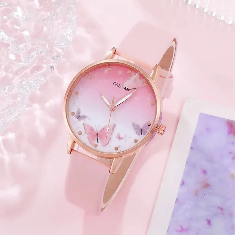 6 pièces ensemble femmes mode Montre à Quartz Femme horloge rose papillon cadran marque de luxe Design dames en cuir Montre-bracelet Montre Femme