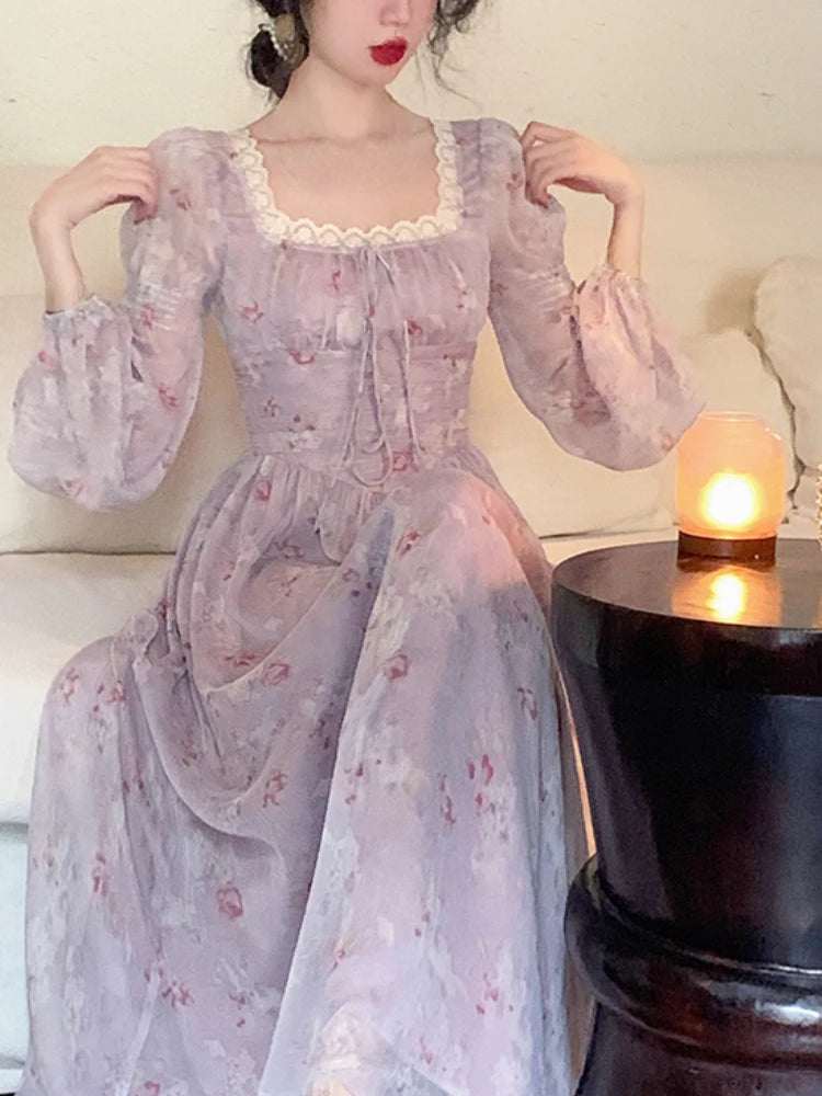 2023 Summer Elegant Fairy Midi Dress Women Causal Long Sleeve Vintage Party Dress Female Ruffles One Piece Dress Korean Chic Y2k