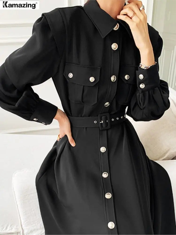 Primavera otoño mujer vestido moda mujer Puff manga Vintage sólido Midi camisa vestido Casual solo pecho pretina vestido elegante