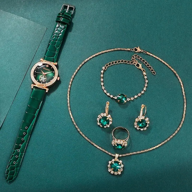 6 pièces ensemble vert luxe montre à Quartz femmes anneau collier boucle d'oreille strass mode montre-Bracelet décontracté dames Bracelet montres