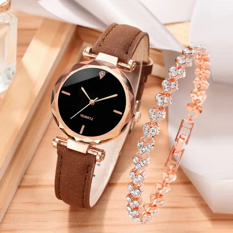 2pcs Luxury Fashion Women Watch Set PU Leather Strap Ladies Quartz Wristwatch Rhinestone RoseGold Alloy Bracelet For Ladies Gift