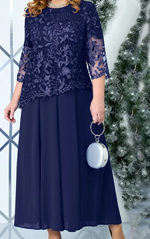 2023 Navy blue Night Party Elegant Dresses 5XL Summer 3/4 Sleeve O-Neck Lace Embroidery Patchwork Chiffon A-Line Midi Dress