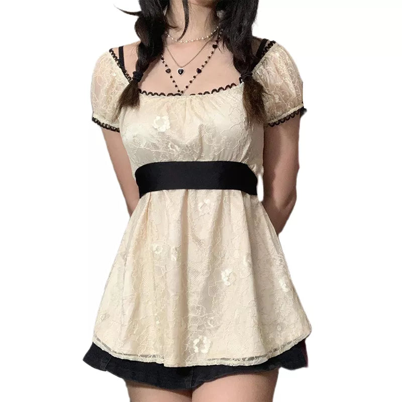 Xingqing – robe trapèze en dentelle féerique Grunge pour femmes, tenue d'été en Patchwork, manches bouffantes, Kawaii, tenues esthétiques des années 2023, 2000