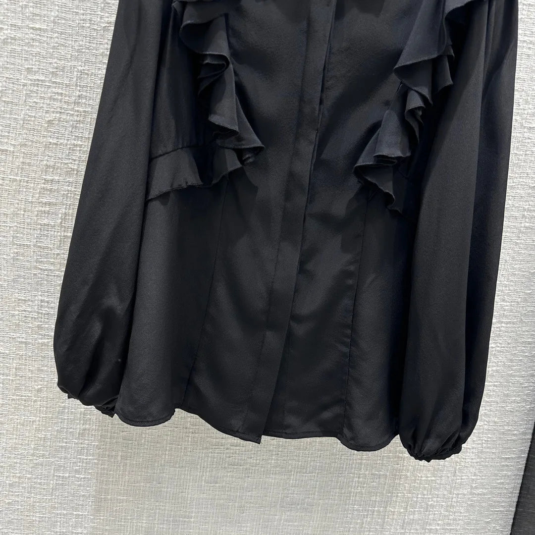 100% Silk Elegant Office Female Clothing Turn Down Collar Lantern Sleeve Black Shirt S-XL Fashion Ruffles Women Blouse