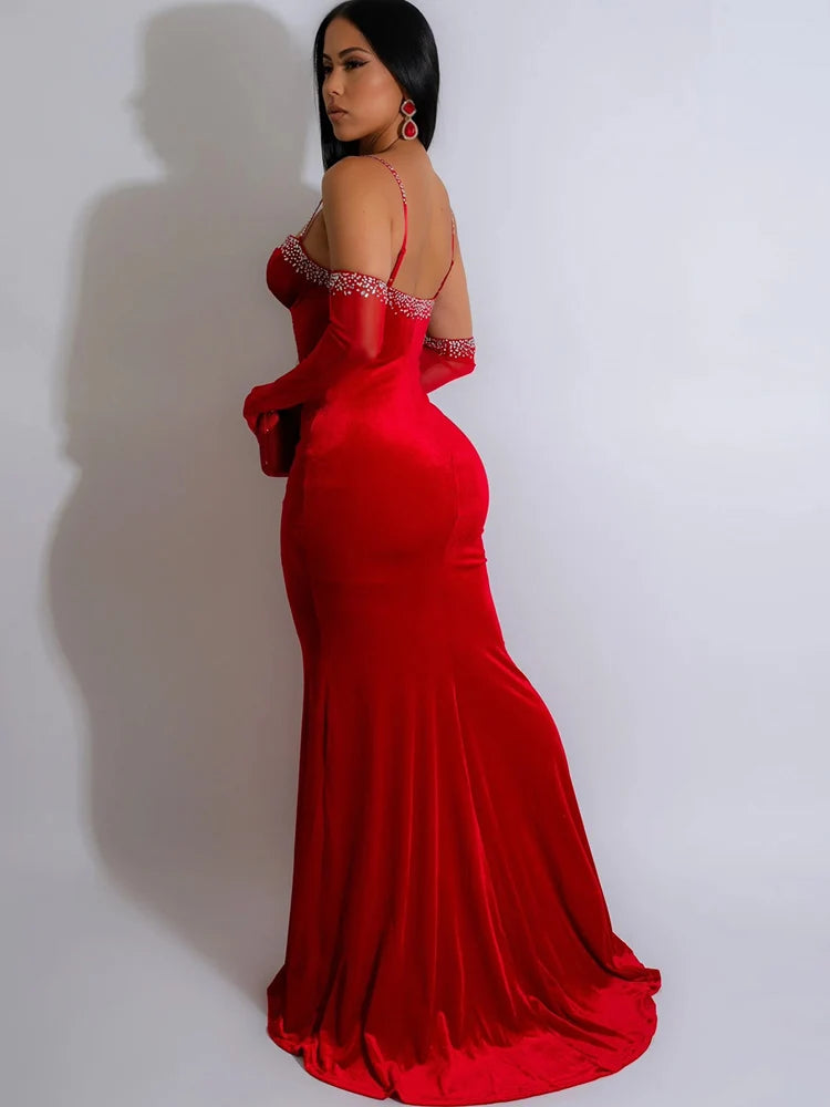 Beyprern-vestido de noche de lujo para mujer, vestido Maxi de terciopelo con latido del corazón brillante y diamantes, trajes de celebridades con guante de diamantes de imitación