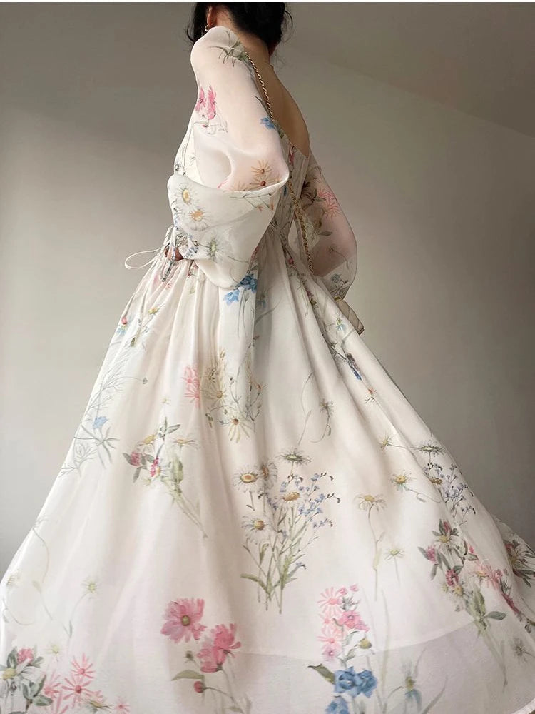 Vestido Midi Floral elegante francés de gasa, vestido de fiesta de noche de manga larga, vestido de una pieza de Hada de playa coreano, primavera 2024