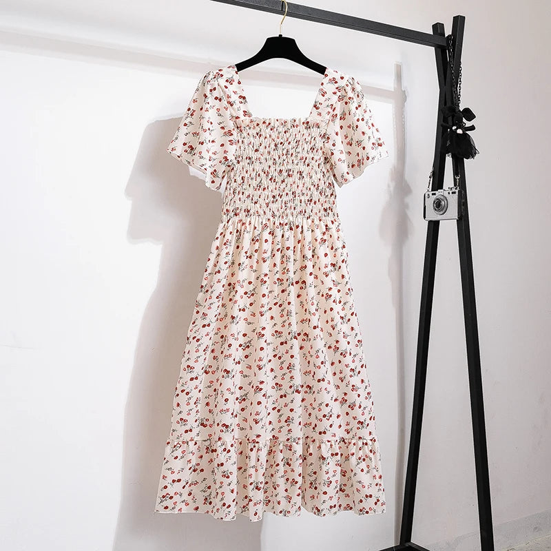 Spring Summer Chiffon Women Dresses Female Short Sleeve Elastic Waist Printed Floral Midi Dress Pleated Backless Casual Dress