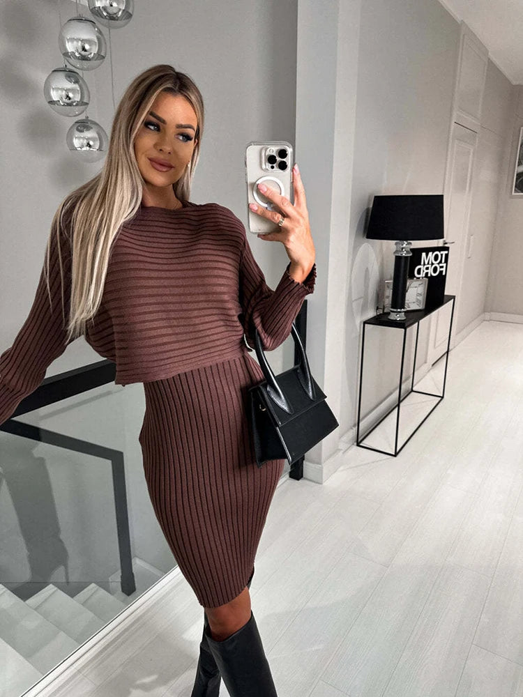 Fashion Long Sleeve Knitted Sweater And Dress Two Piece Sets For Women 2023 Autumn Winter Outfits Warm Sexy Bodycon Drsses Sets