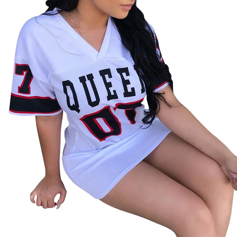 2023 New Fashion V-Neck Queen Letters Print Dress Short Sleeve Basketball Sporty Style Sexy Loose Female Clothing Streetwear