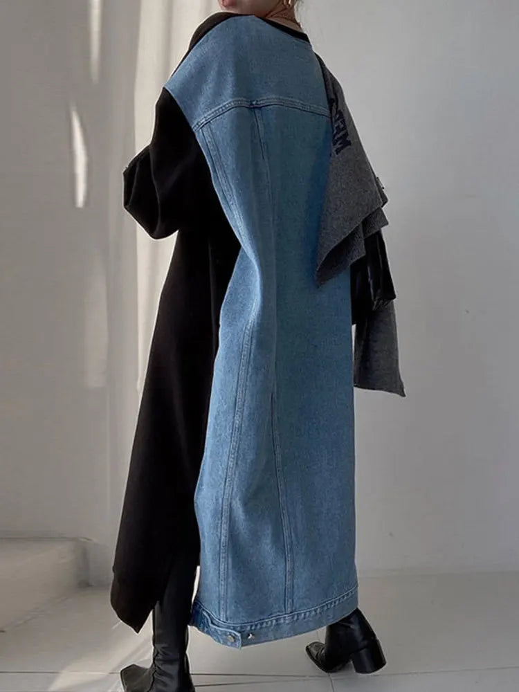 [EWQ] nouveau Design lettre imprimée contraste couleur décontracté col rond lanterne manches épissure Denim robe pull femme 2023 automne 16Y3673