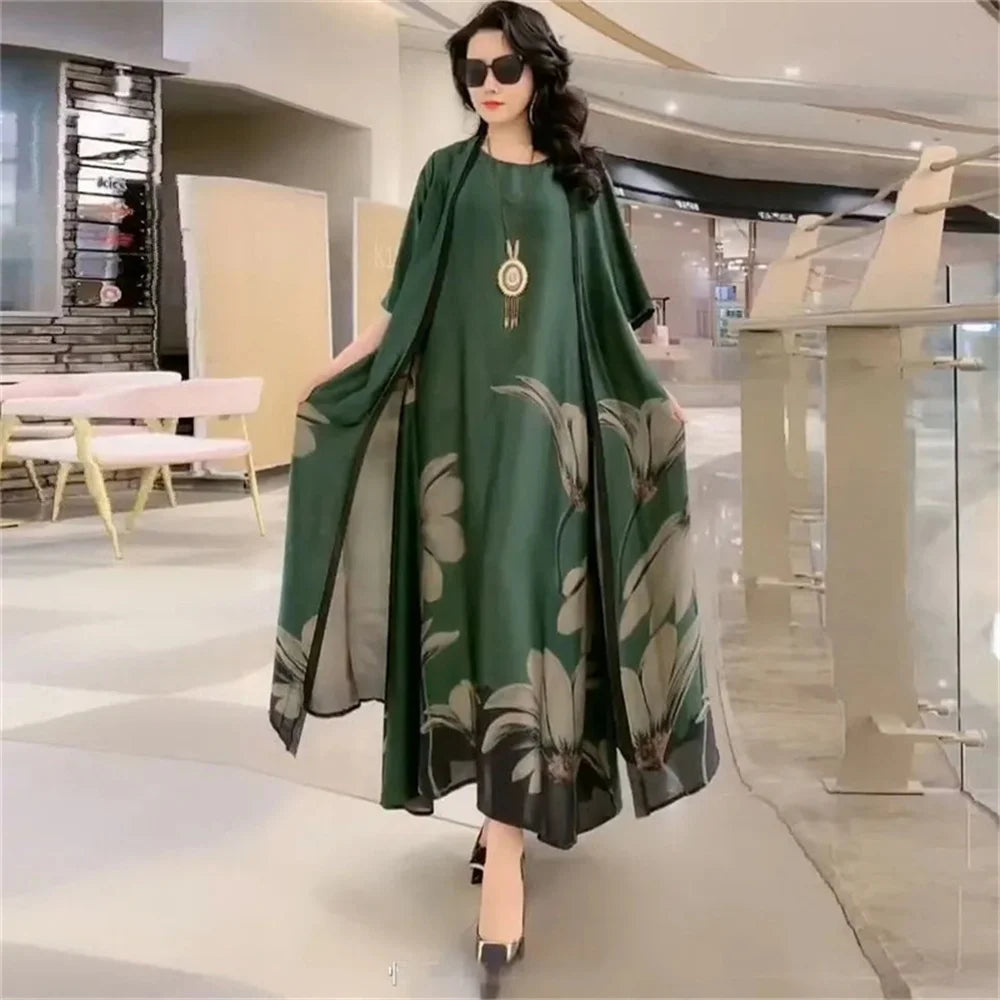 2022 Mother Dress Suit Summer Casual Fashion Printing Two Piece Suits Long Dress Suits Women Temperament Dress Sets Female Suits