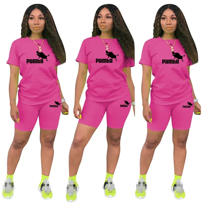 Women Two Piece Set Summer Short Sleeve O-Neck Tee Tops+Pencil Shorts Suits Tracksuits Outfit Graphic T Shirts Jogging Suits