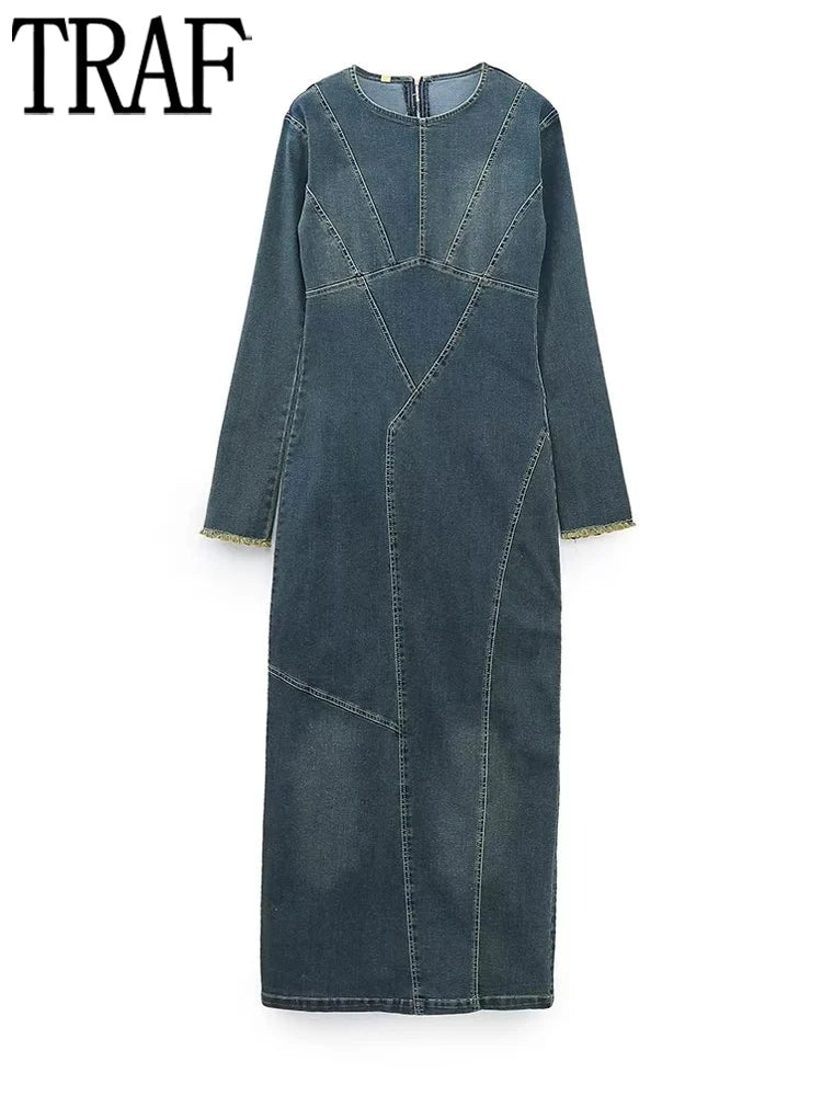 TRAF Blue Denim Dress Woman Winter Long Dresses for Women 2023 Going Out Casual Maxi Dress Women Long Sleeve Slit Female Dress