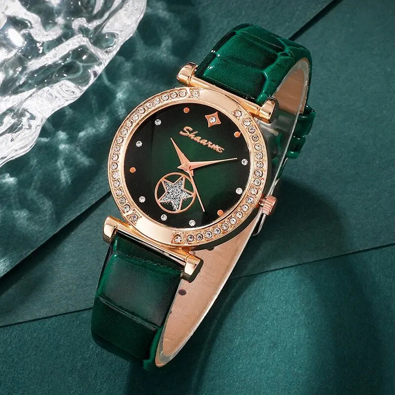 6 pièces ensemble vert luxe montre à Quartz femmes anneau collier boucle d'oreille strass mode montre-Bracelet décontracté dames Bracelet montres