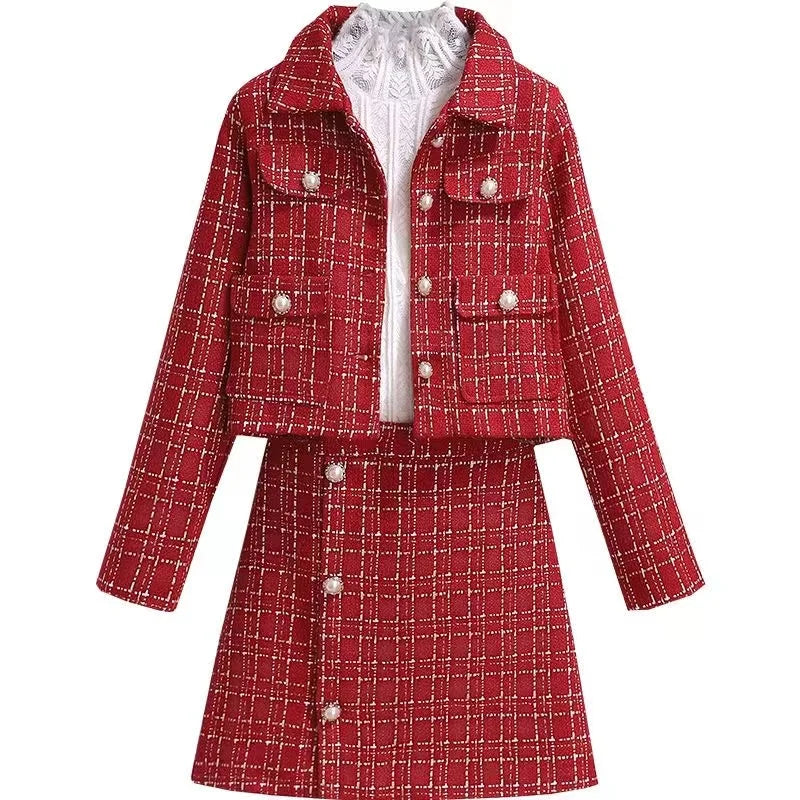 Femmes Tweed Noël Rouge Costume Jacke Manteau Chemise Et Jupe Trois Pièces Ensemble Tenue Hiver Vintage Nouvel An Festival Fête Vêtements