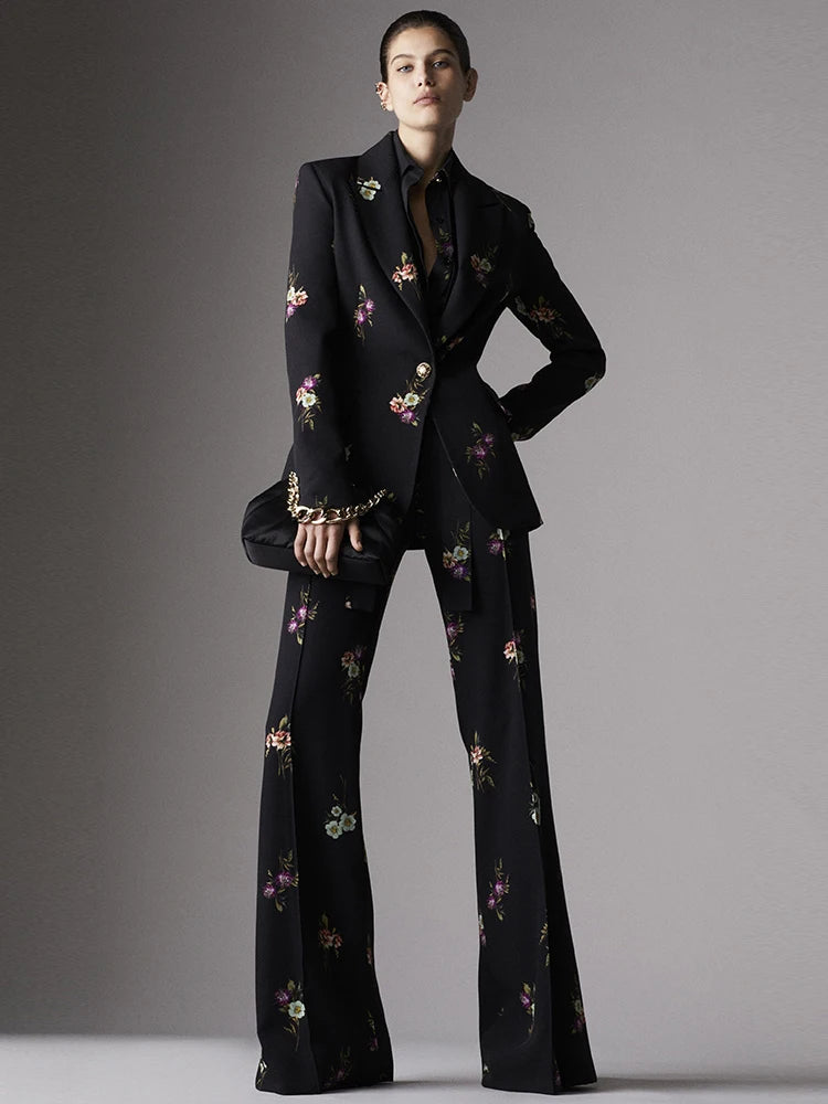 HIGH STREET Newest 2024 Designer Suit Set Women's Elegant Floral Printed Single Button Blazer Flare Pants Suit 2pcs