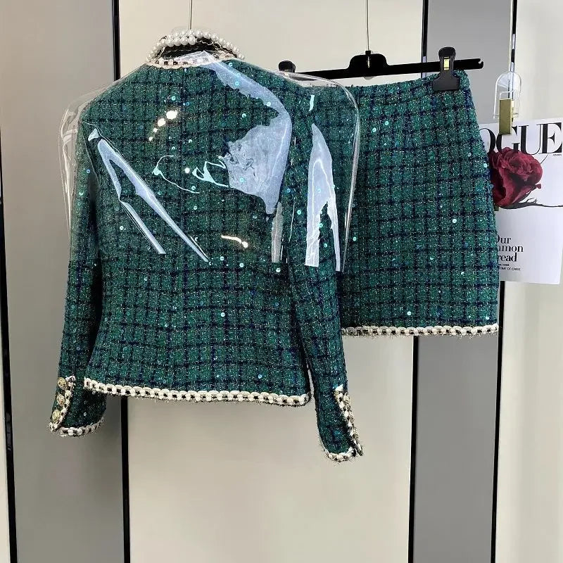 Y2K Women Elegant Vintage Tweed Fragrant Suit Jacke Coat Top And Skirt Two Piece Set Green Outfit Winter Jacquard Party Clothing