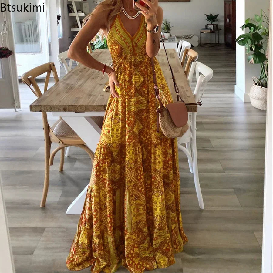 2024 Women's Summer Boho Long Dresses Elegant V Neck Party Dresses Vintage Printed Sleeveless Sexy Slim Maxi Beach Dress Mujer